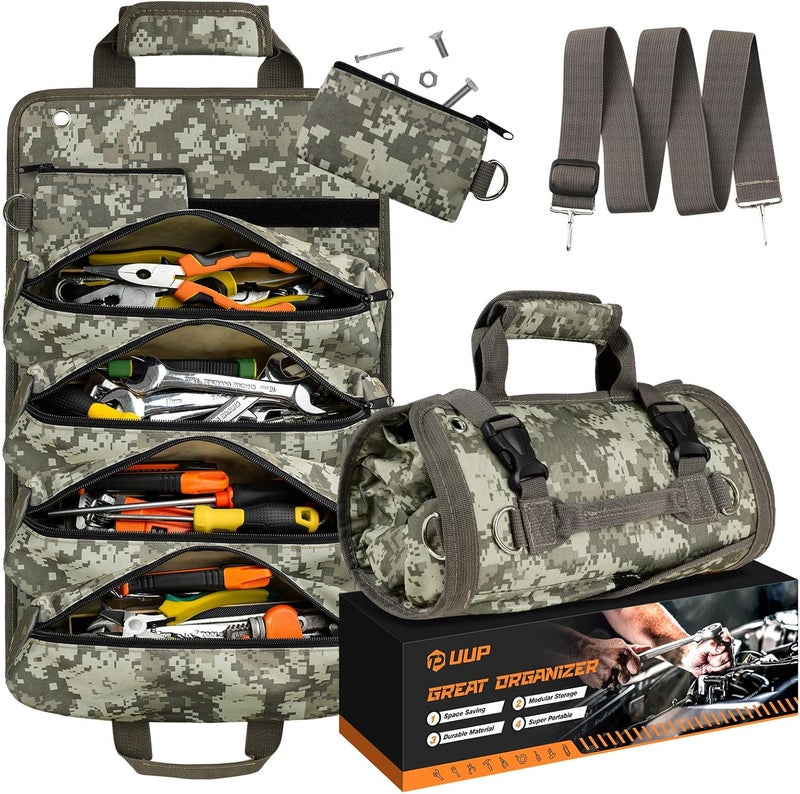 UUP Tool Bag Roll Up, Heavy Duty Rolled Empty Tool Storage Organizing, Portable Tool Roll Container with 2 Detachable Pockets, Folding Tool Holder, Father Day Dad Men Electrician Gift, Camouflage - Image 1